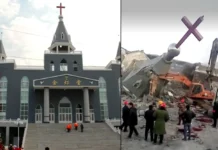 Perseguição aos cristãos na China: o que está acontecendo em 2026? Fachada sendo destruída de igreja na China com monitoramento estatal.