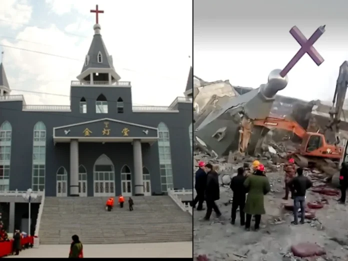 Fachada sendo destruída de igreja na China com monitoramento estatal.